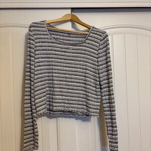 SO Cropped Top XXL Xtra Xtra Large Long Sleeve Striped Gray Blue White Rib Rayon